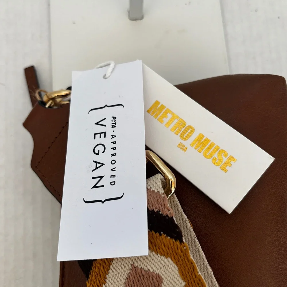 Metro Muse Crossbody Bag‎ Women  Brown Vegan Leather Geometric Guitar Strap NWT